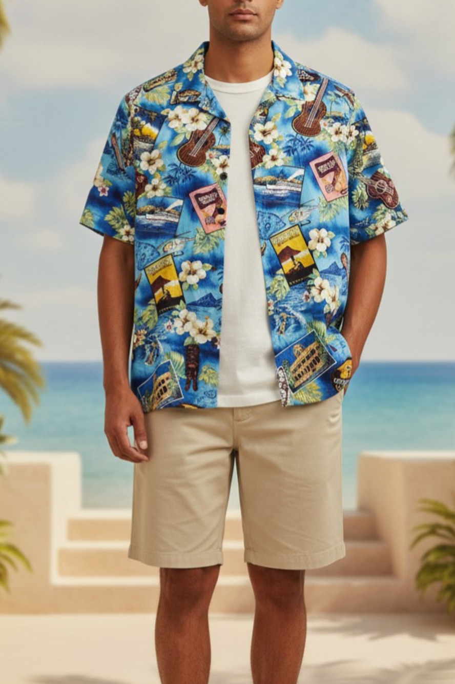 Palmwave Men's Blue Short Sleeve Button Up Aloha Shirt Ukulele Print Size Large